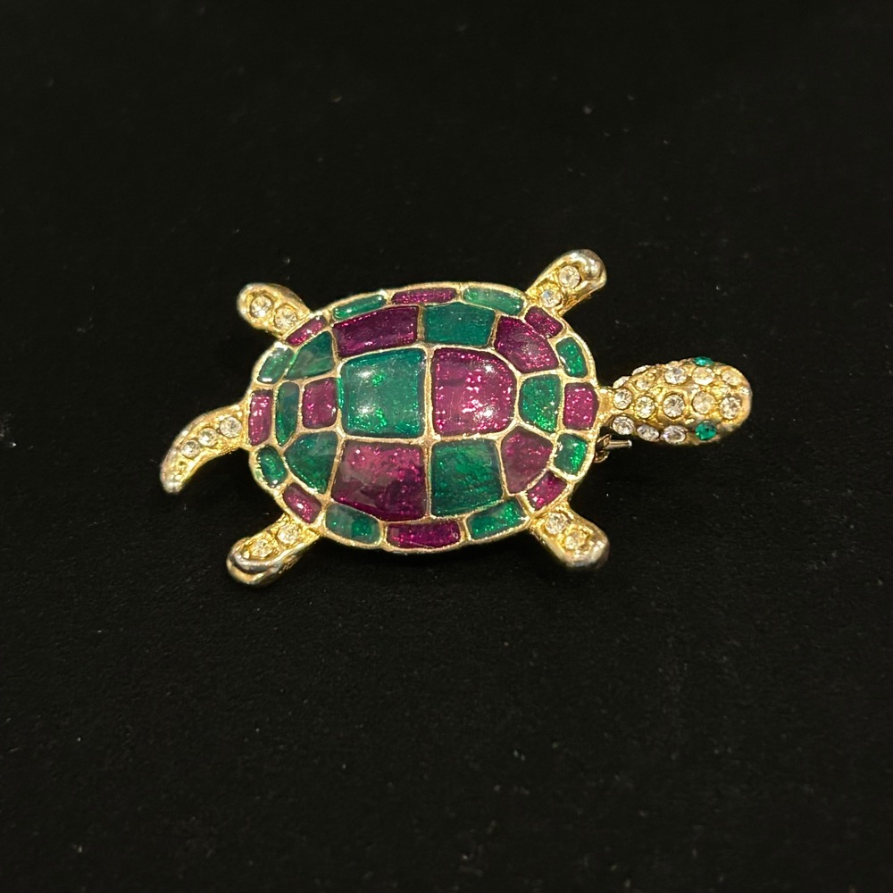 Vintage Turtle Brooch Gold Tone Purple Green Enamel Rhinestone Animal Pin
